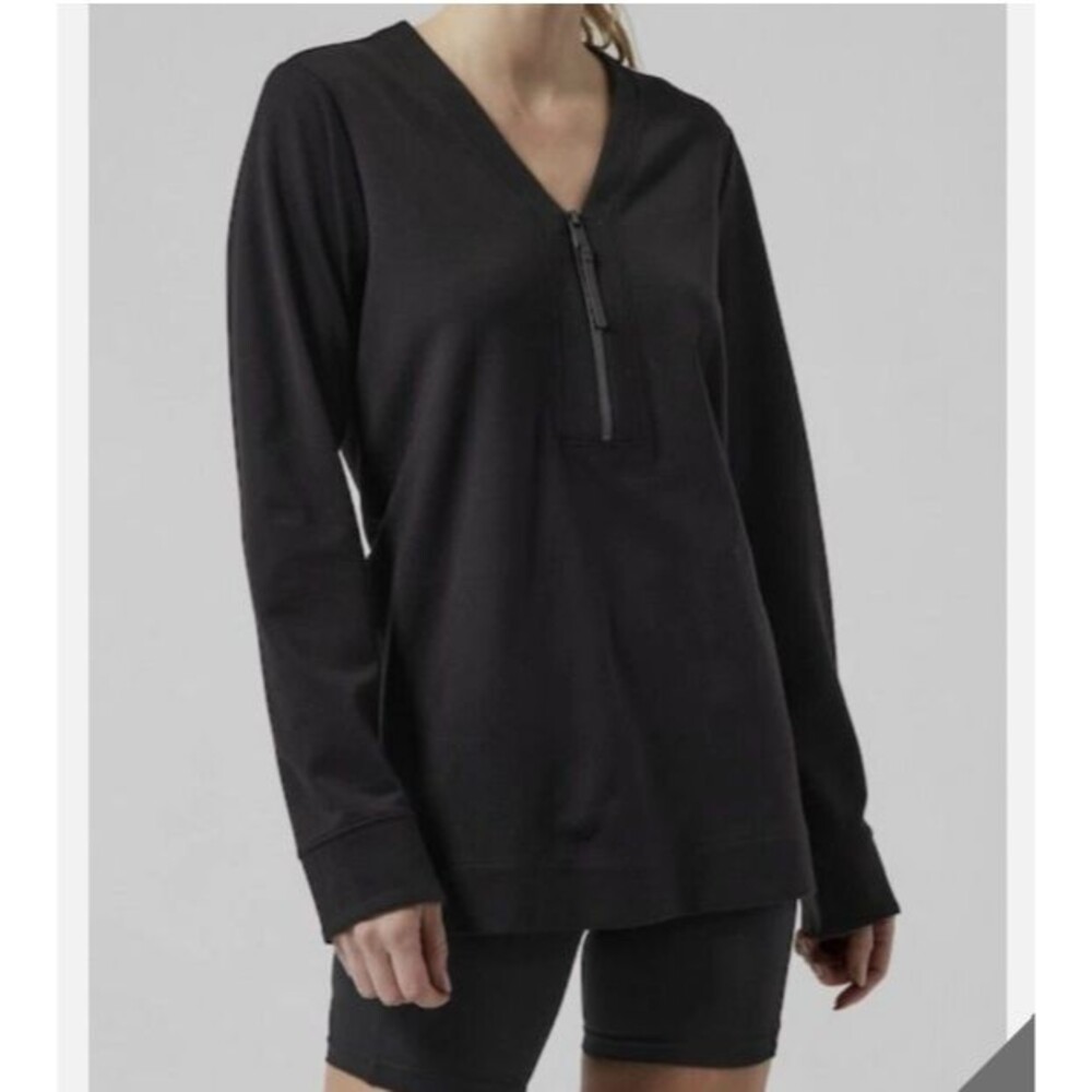Athleta Eastbound Half Zip Sweatshirt Womens Medium Black Jersey Knit Pockets